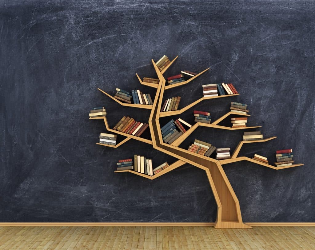 books on tree shelf