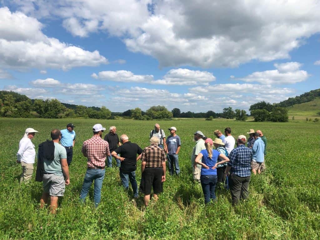On-Farm Intensive attendees stand in a green field