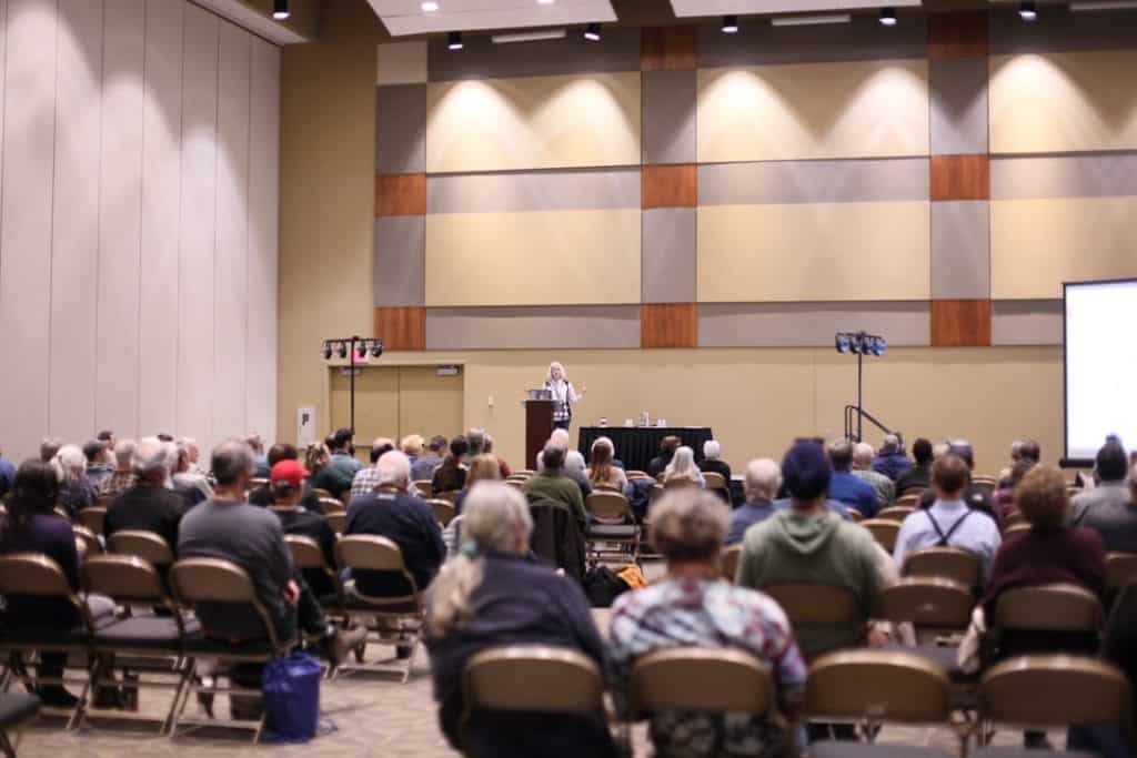 Leilani Zimmer Durand presents to a room full of people at the 2021 Eco-Ag Conference.